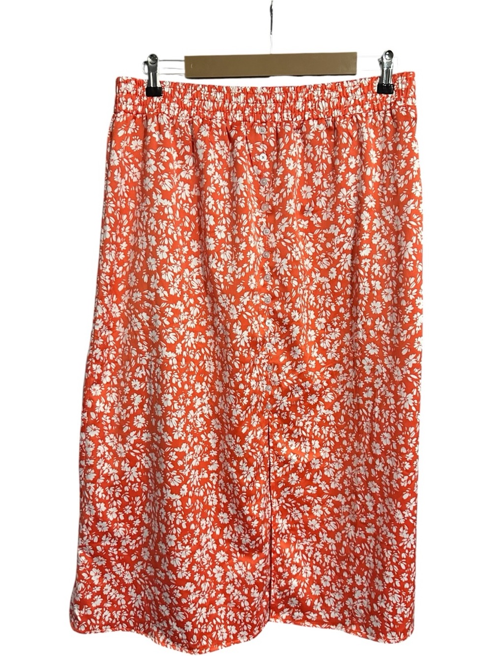 Loft Elastic Waist Midi Skirt Ditsy Floral Orange Size L
